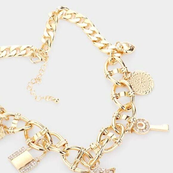 Leopard Rhinestone Heart Key Lock Flower Gold Station Necklace Set NWT - Picture 4 of 7